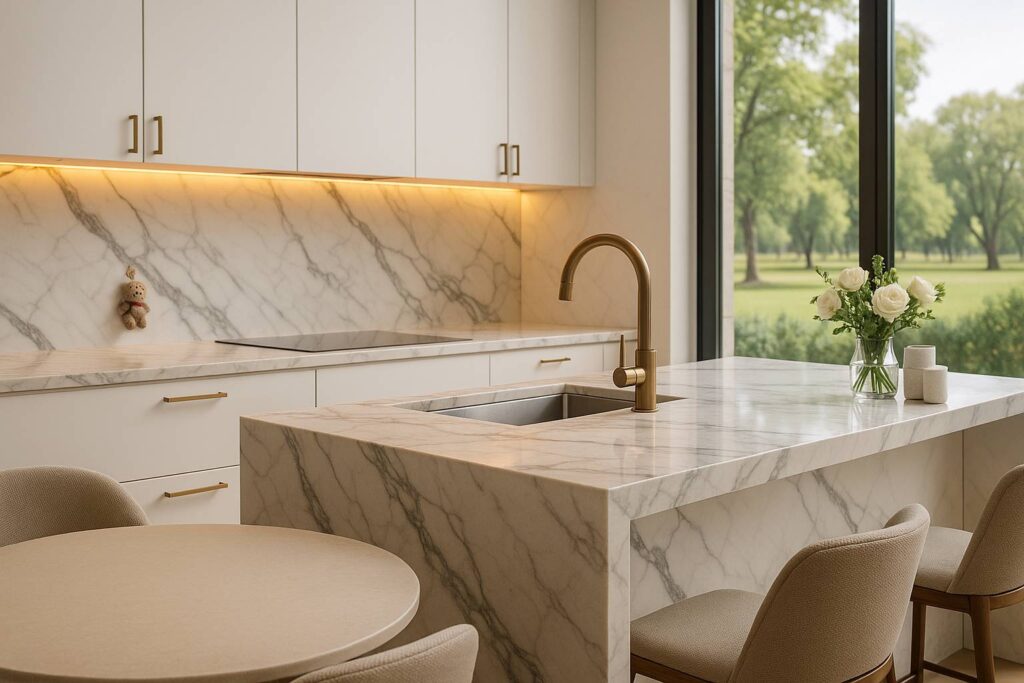 Luxury kitchen with Calacatta marble countertops, Caesarstone dining table, brass fixtures, and park view in Dubai villa