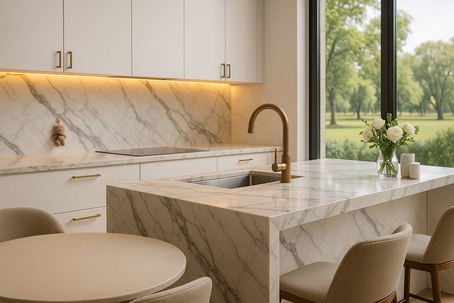 Luxury kitchen with Calacatta marble countertops, Caesarstone dining table, brass fixtures, and park view in Dubai villa