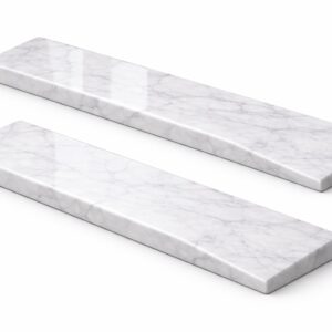 Side profile of marble reducer threshold showing sloped shape for tile-to-wood